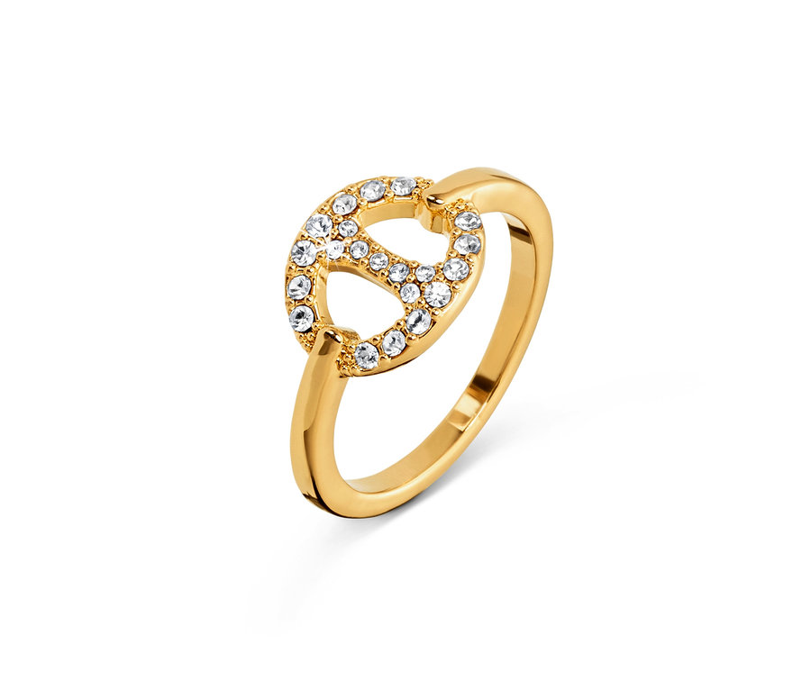 Bague « Ancre » dorée avec cristaux de verre sur fond blanc.