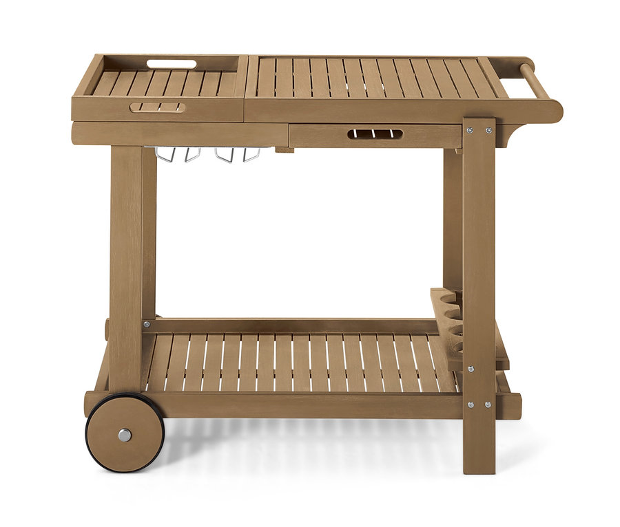 Un chariot pour barbecue « Lenja » avec 2 plateaux en bois d'acacia, avec des roues, des supports à verres et une étagère inférieure.