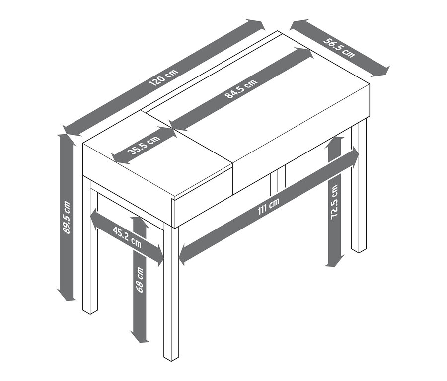 Schéma des dimensions d'un bureau-console avec plateau relevable.