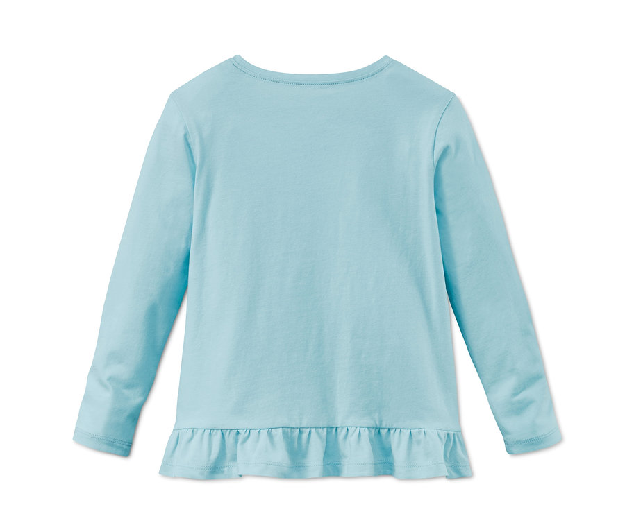 Un t-shirt bleu à manches longues avec un ourlet à froufrous, issu du lot de 3 t-shirts à manches longues en coton bio.