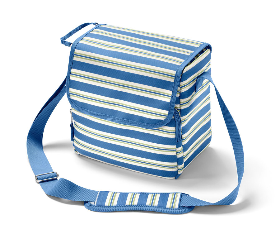 Mini-sac isotherme rayé bleu et blanc.