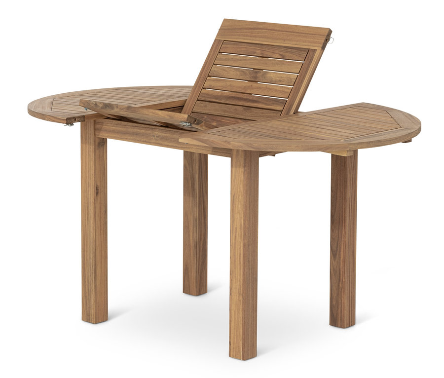 Table ronde extensible en teck partiellement dépliée.
