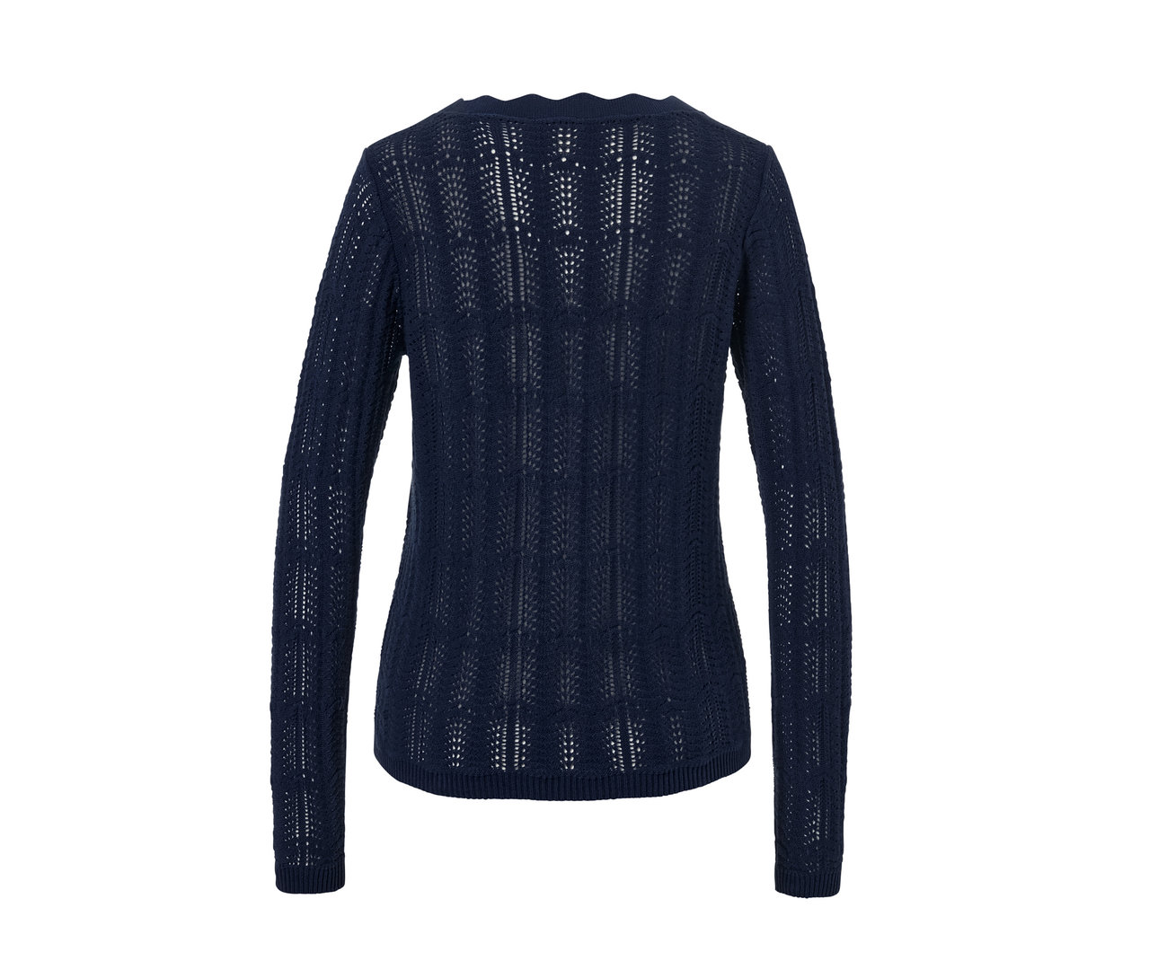 Jaquette en maille bleu marine à motif ajouré.