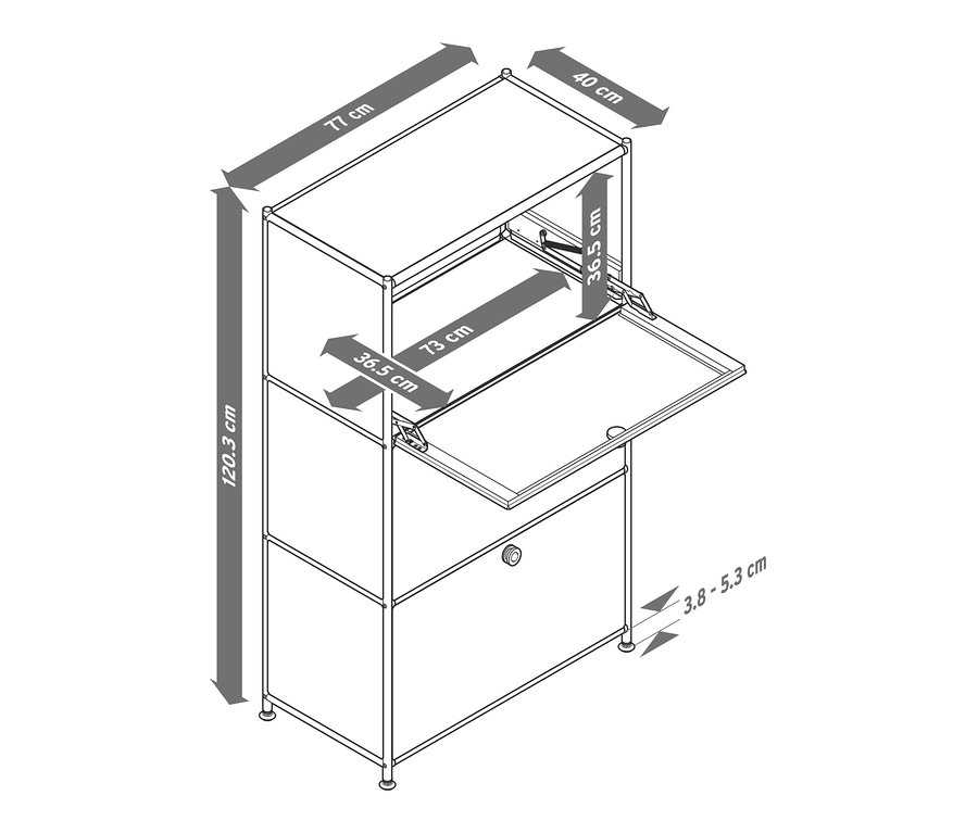 Schéma du commode «
CN3
» avec 3
abattants, rouge, avec dimensions.