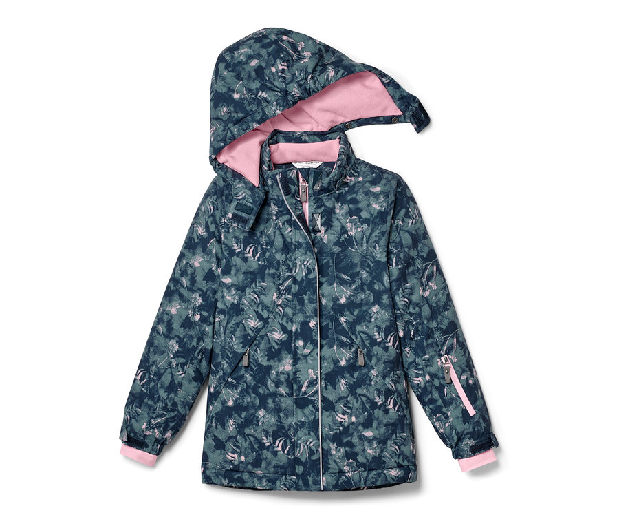 Veste de ski pour enfant à capuche, à motifs, dans les tons de bleu et de vert avec une doublure rose.