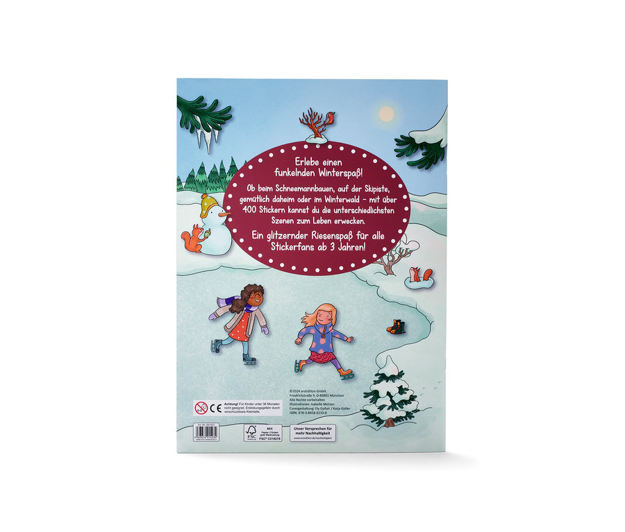 Couverture du livre pour enfants Mein Stickerbuch »Winter« avec des illustrations de scènes d'hiver et d'enfants patinant sur glace.