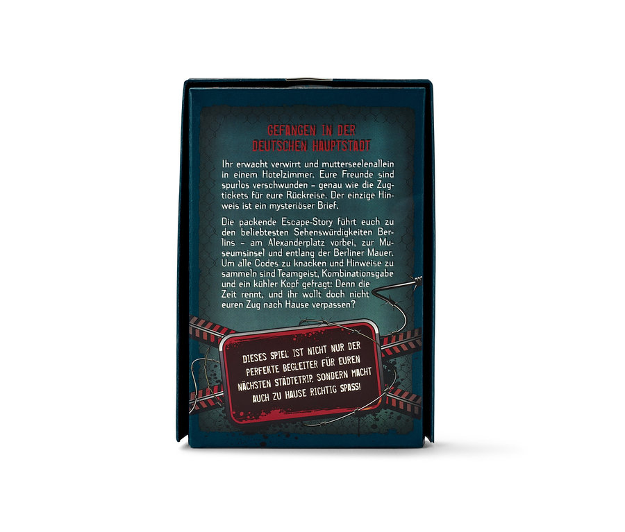 Une boîte du jeu de cartes Escape Room "Flucht aus Berlin" (Sortir de Berlin, en allemand).