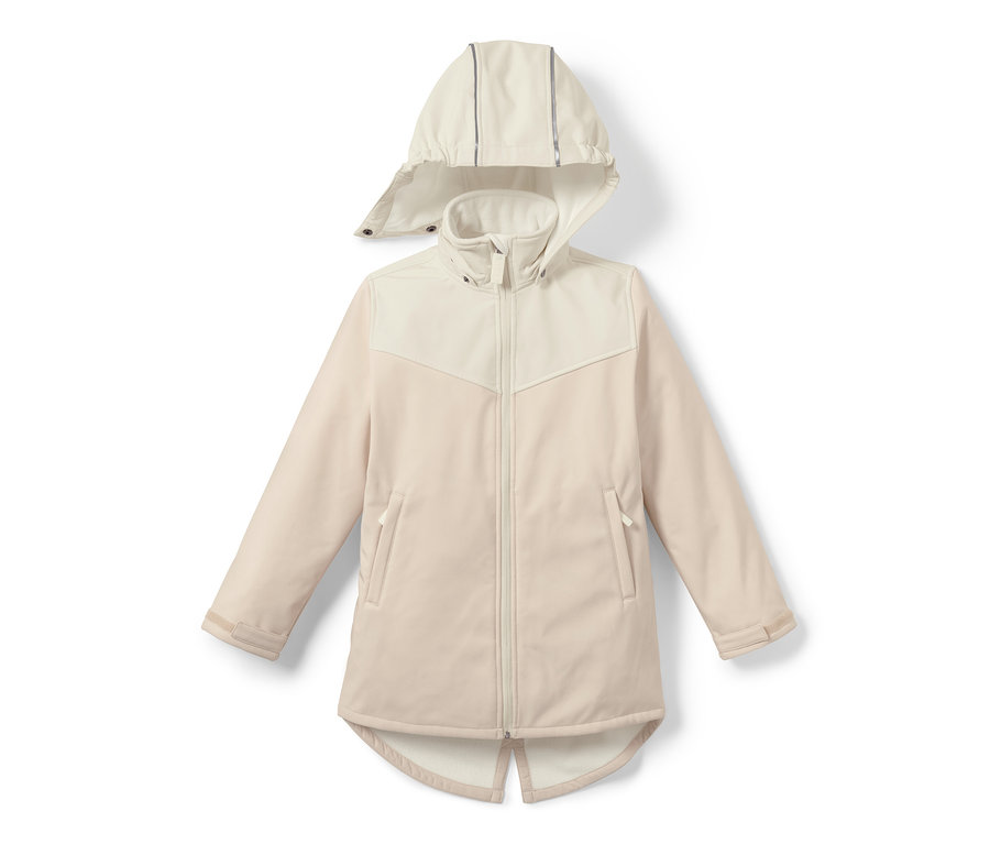 Manteau softshell beige pour enfants avec capuche.