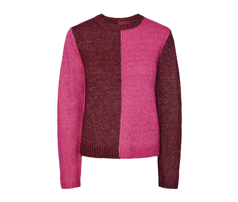 Pull en grosse maille bicolore, moitié rose, moitié bordeaux.