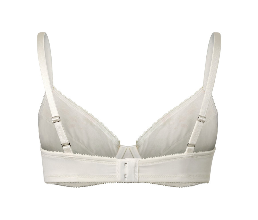 Vue détaillée de l'arrière d'un soutien-gorge à armatures en dentelle crème.