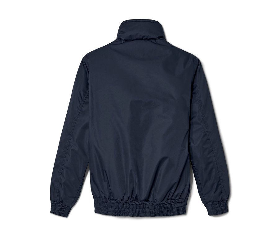 Détail d'un blouson pour enfant, bleu foncé.