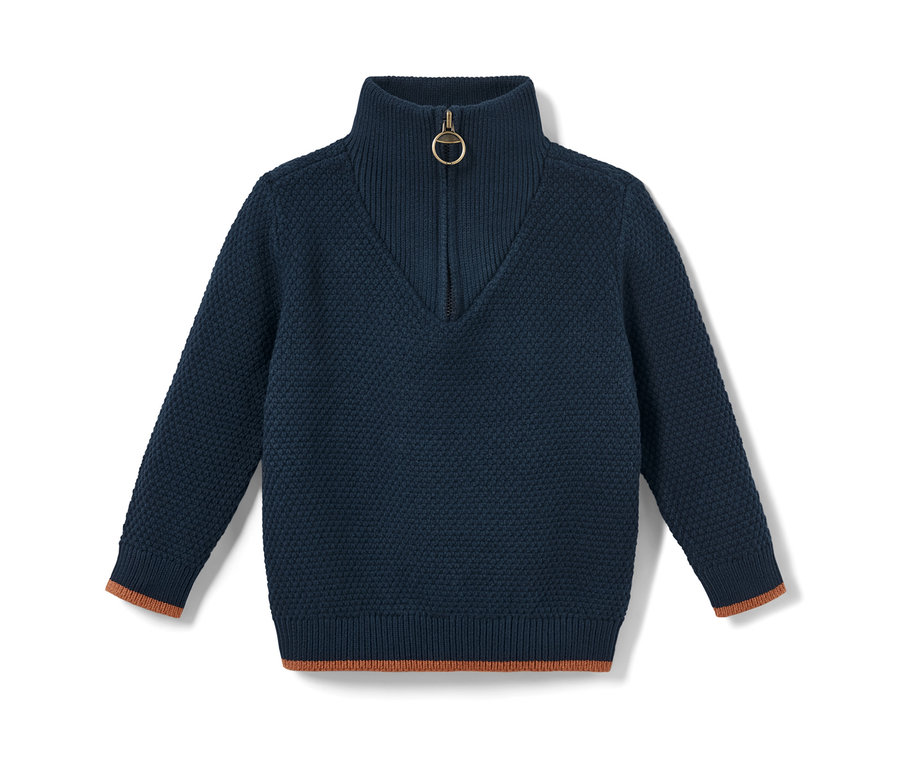 Un pull camionneur enfant bleu marine sur fond blanc.