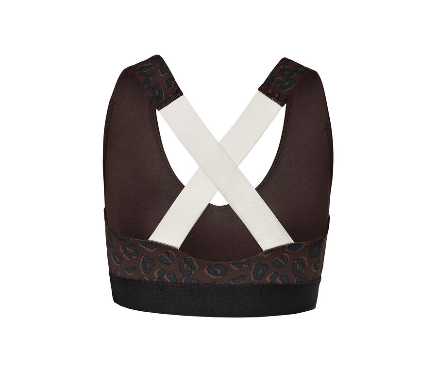 Brassière de sport marron et noire avec bretelles blanches croisées dans le dos.