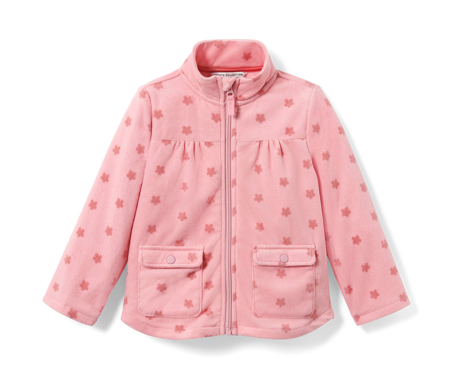 Une veste en polaire rose clair pour tout-petit avec fermeture éclair et poches est posée sur un fond blanc.