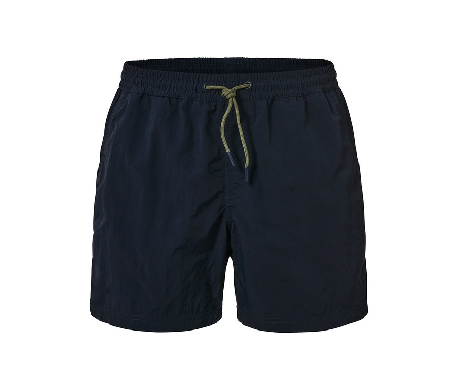 Short de bain bleu marine avec cordon de serrage vert.