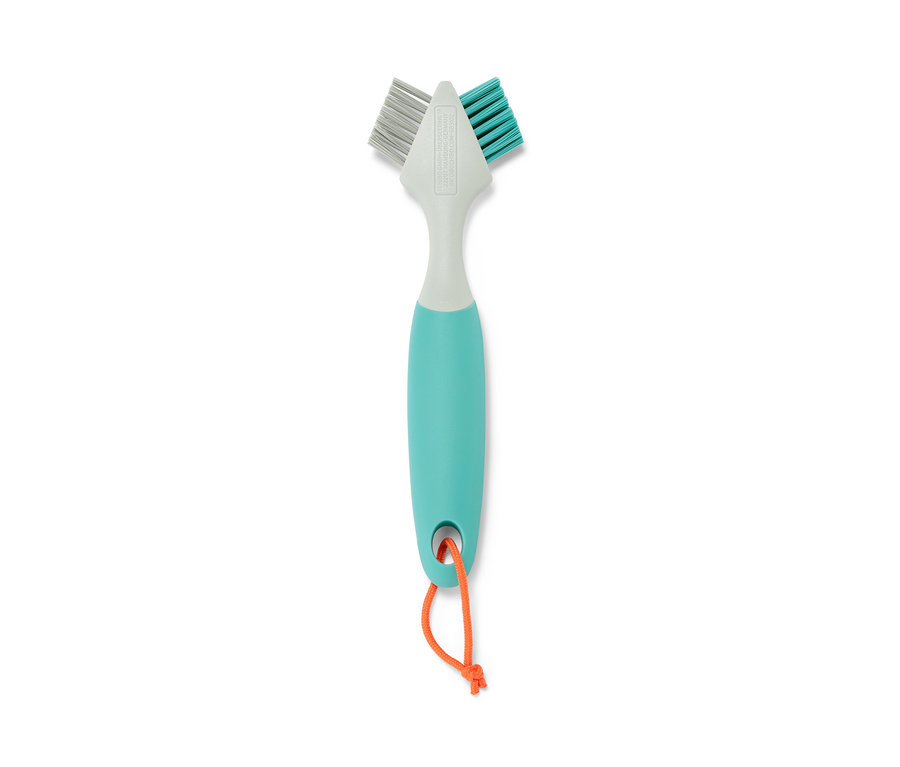 Brosse à joints, doux/dur, avec un manche bleu-vert et une corde orange.