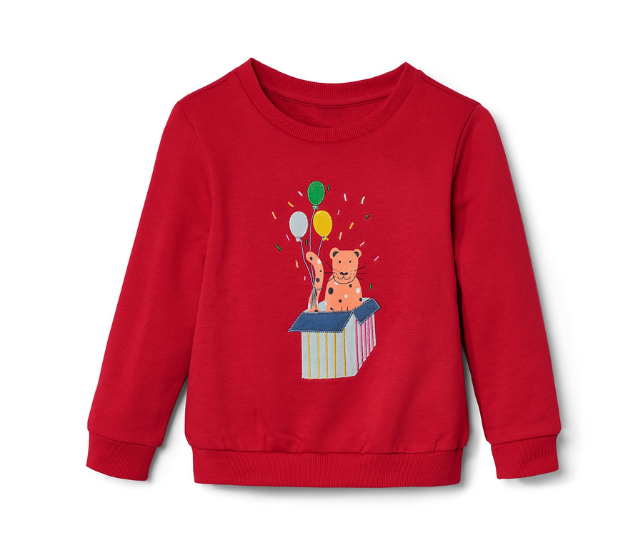 Sweat-shirt enfant rouge avec intérieur gratté et imprimé d'un animal avec des ballons.