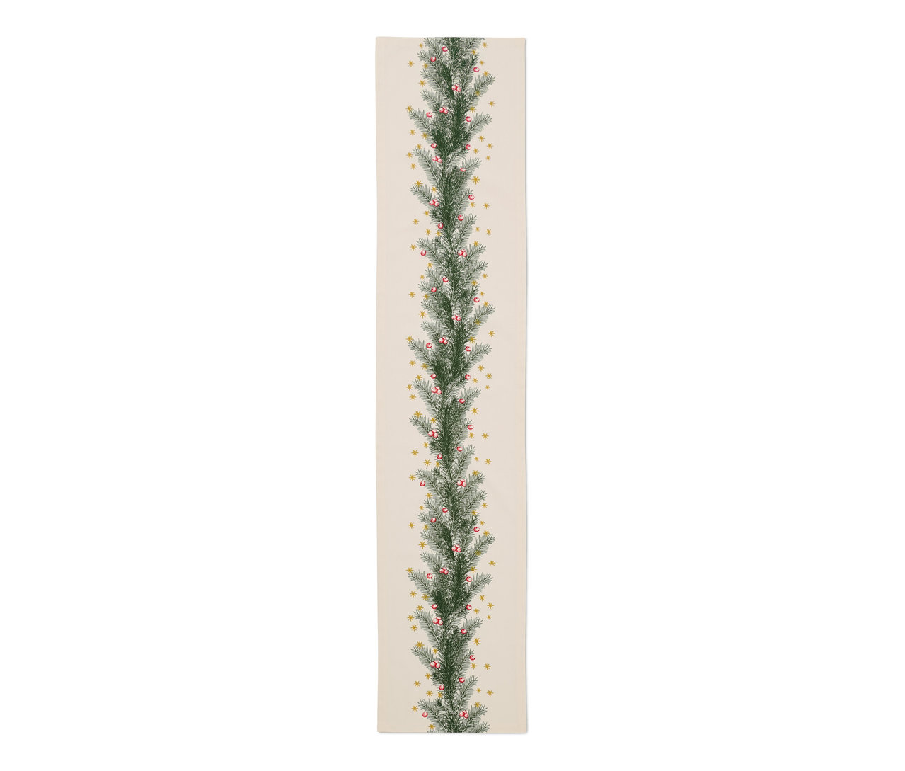 Chemin de table beige avec motif de Noël composé de branches de sapin, de baies rouges et d'étoiles dorées.