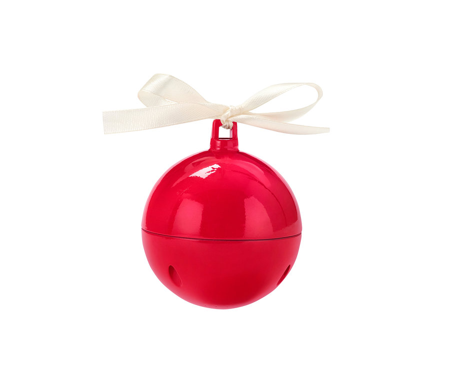 Boule de Noël musicale rouge avec un ruban blanc.