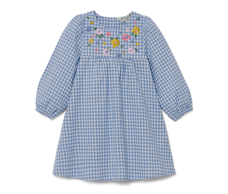Robe tissée à carreaux bleus pour enfant avec broderie florale.