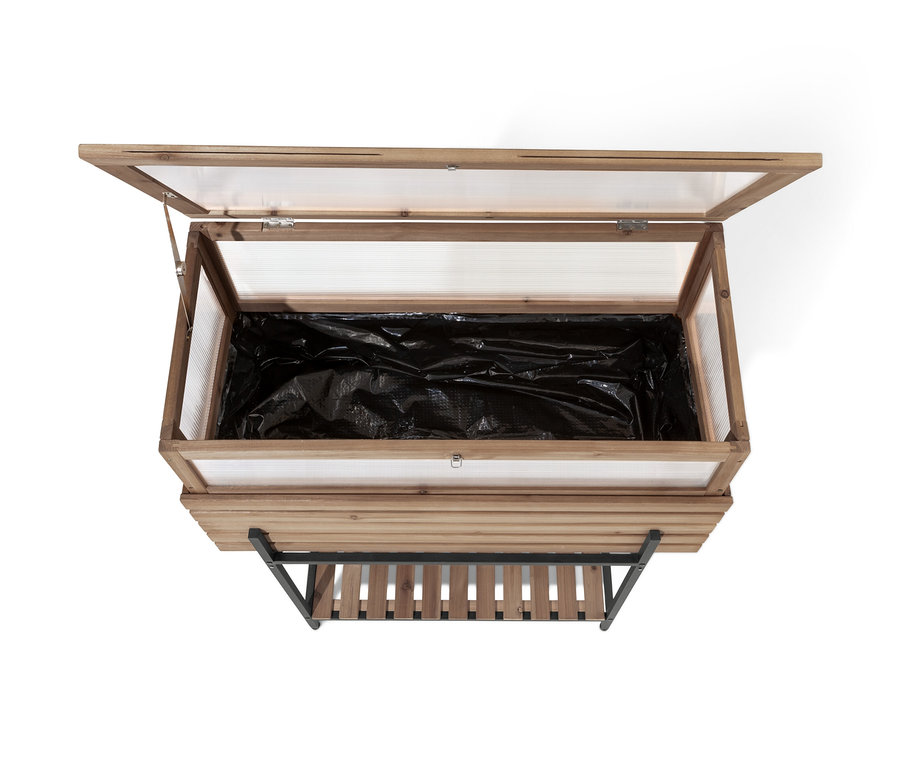 Jardinière surélevée avec serre châssis « Elin » ouverte et insert noir.