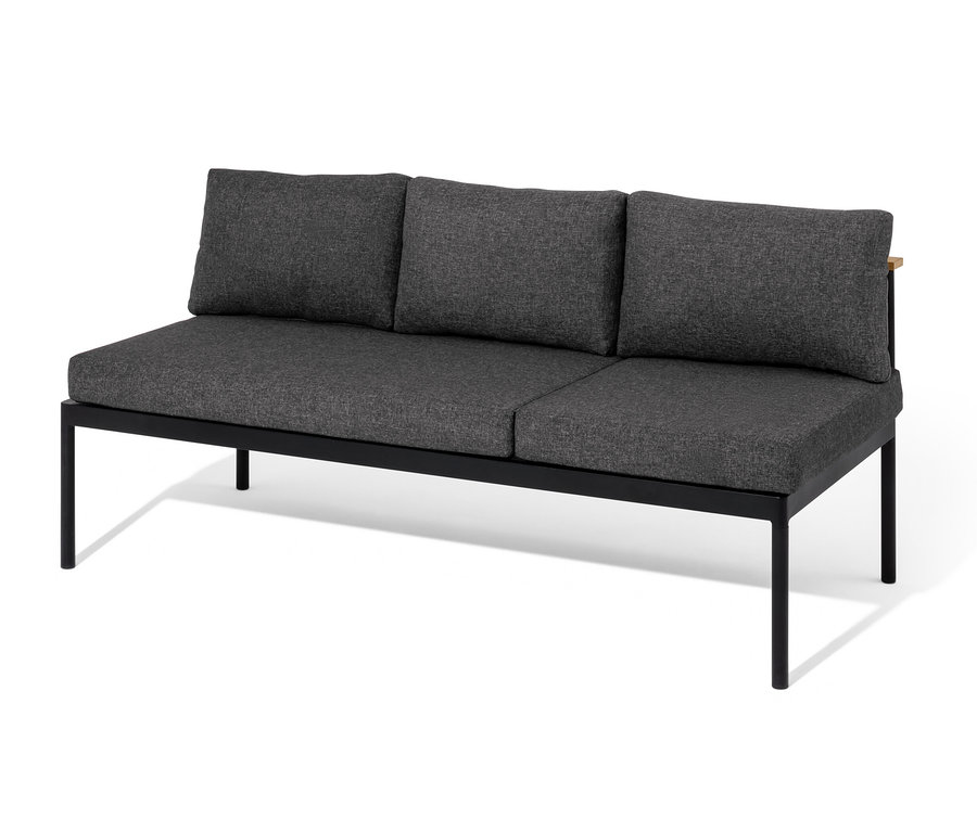 Une banquette dining 2 en 1 « Elin » gris noir avec trois coussins.