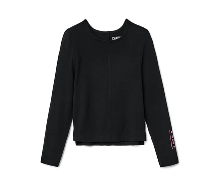 T-shirt manches longues noir pour enfants posé sur un fond blanc.