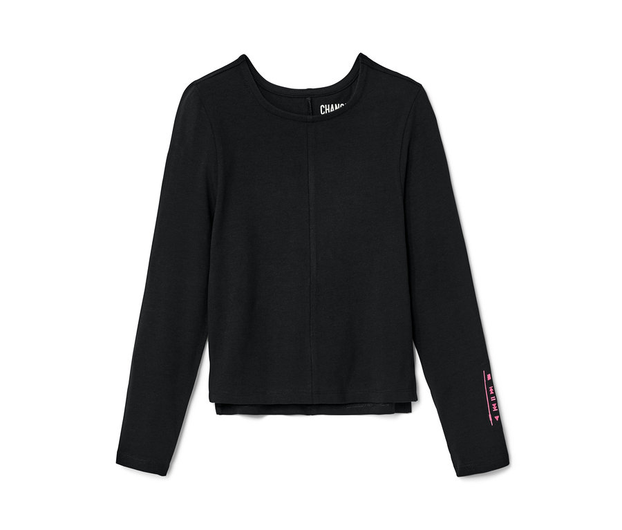 T-shirt manches longues noir pour enfants posé sur un fond blanc.