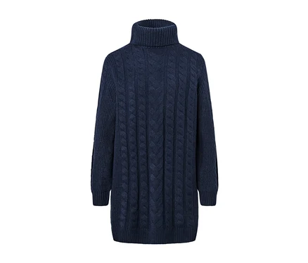 Long pull en maille bleu avec torsades.