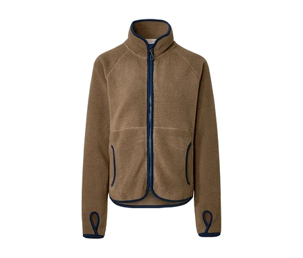 Une veste en teddy marron avec fermeture éclair et bordure bleues.