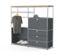 Commode en métal « CN3 » grise avec plateau en bois, une tringle à vêtements, un abattant et trois tiroirs.