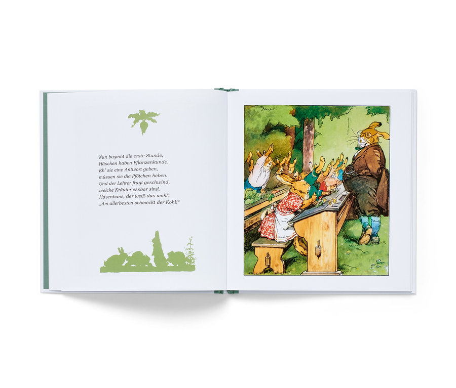 Un livre ouvert illustre une classe d'animaux où un lapin se tient devant des bancs remplis de petits lapins. Livre « Die Häschenschule » (en allemand).