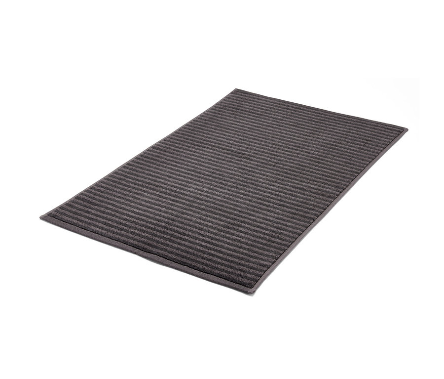 Tapis de bain en éponge anthracite à rayures horizontales texturées.