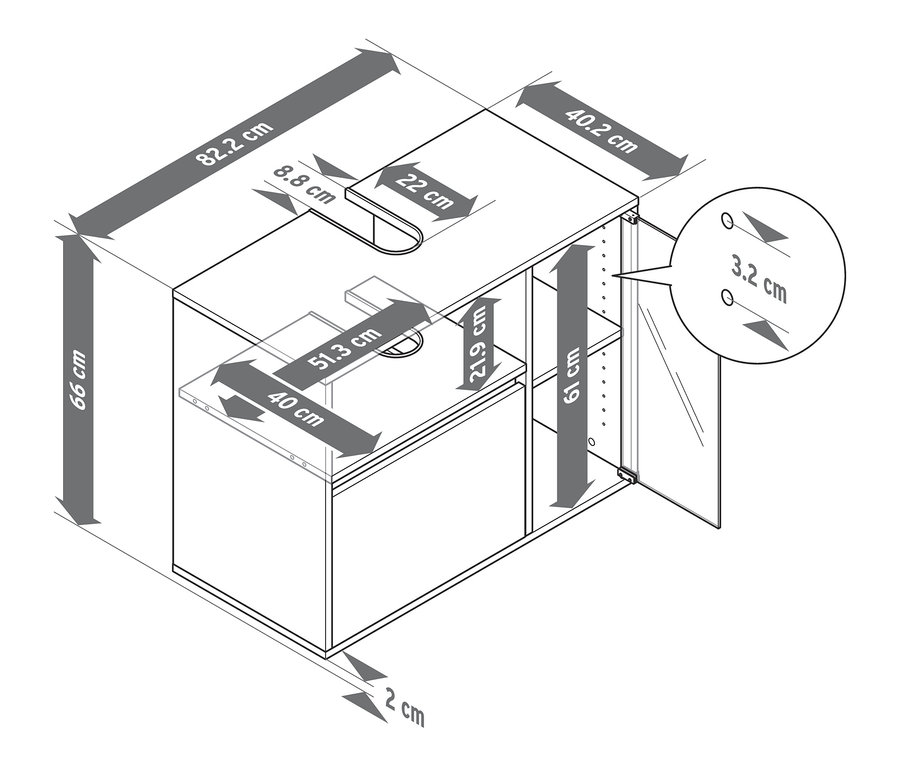 Schéma d'un meuble sous vasque de salle de bain avec indications de dimensions.