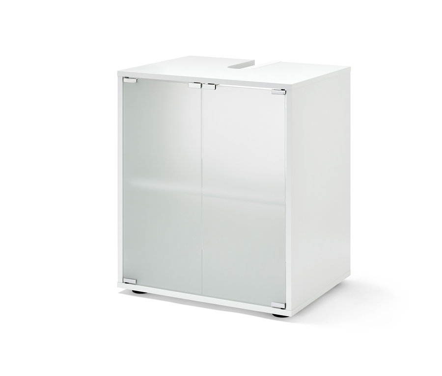 Meuble sous vasque blanc, salle de bain, moyen, avec deux portes en verre.