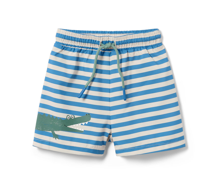 Boardshort pour enfant à rayures bleues et blanches avec un motif de crocodile.