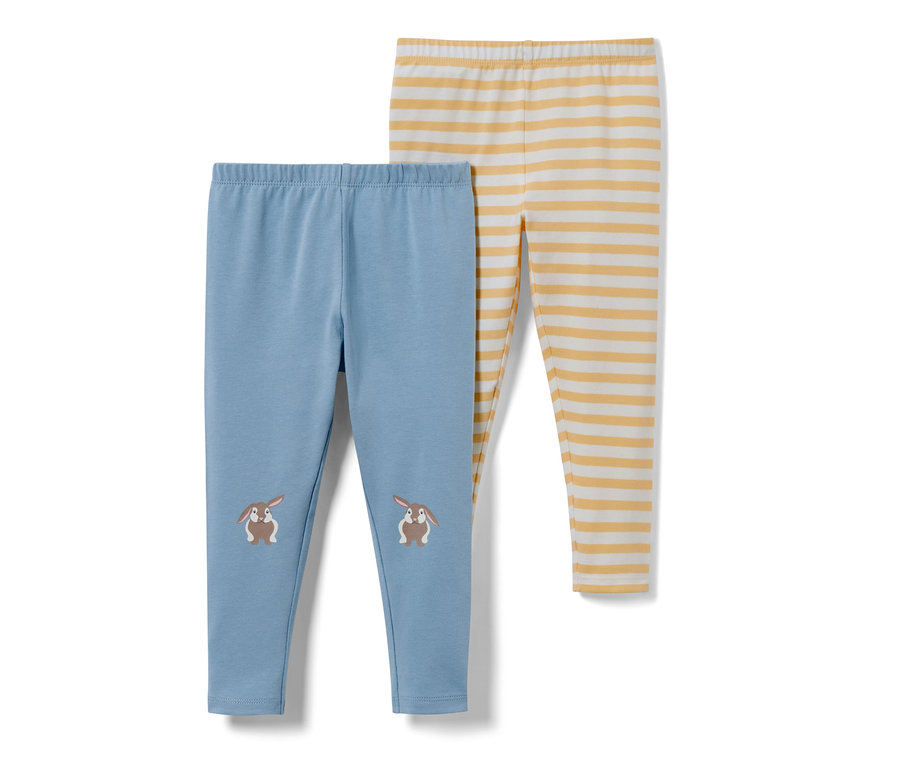 Un legging bleu pour bébé avec des motifs de lapins et un legging rayé jaune et blanc pour bébé, 2 pièces.