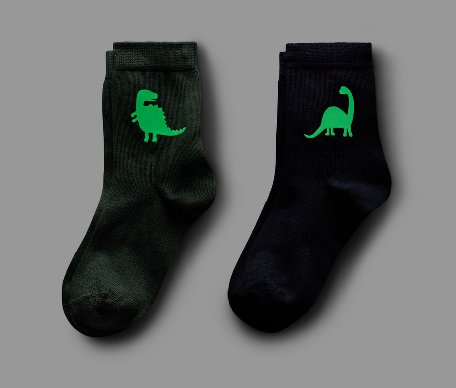 Deux paires de chaussettes, une vert foncé avec un motif de dinosaure, une noire avec un motif de dinosaure, les deux paires 'Glow in the Dark'.