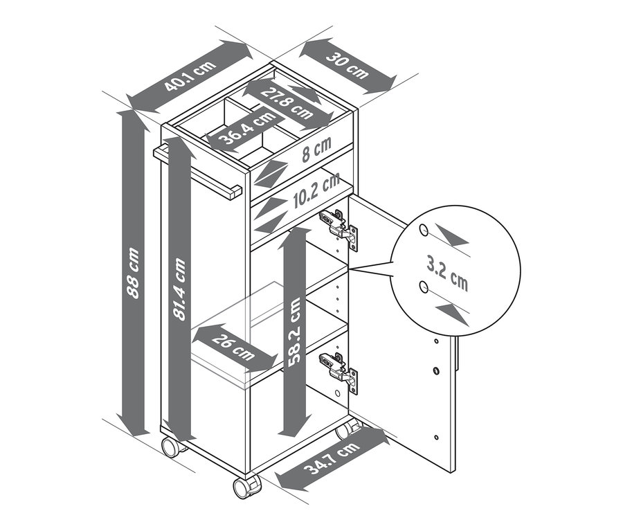 Schéma d'un chariot de rangement de salle de bain blanc »Eklund« avec dimensions.