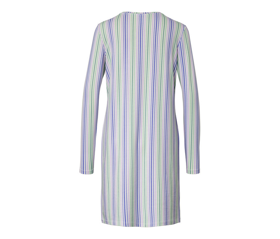 Vue arrière d'une chemise de nuit à manches longues avec des rayures verticales violettes, vertes et blanches.