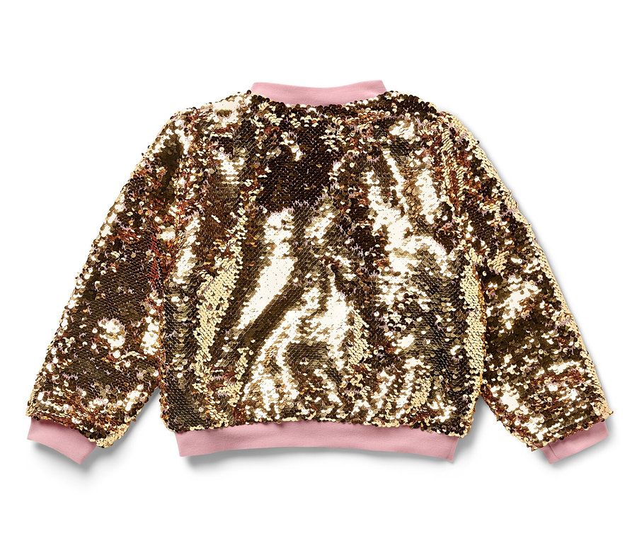 Une veste à paillettes pour enfants dorée avec des bordures roses sur fond blanc.