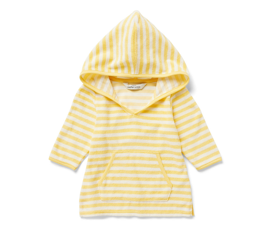 Poncho à capuche en tissu éponge rayé jaune et blanc pour enfant avec une poche.