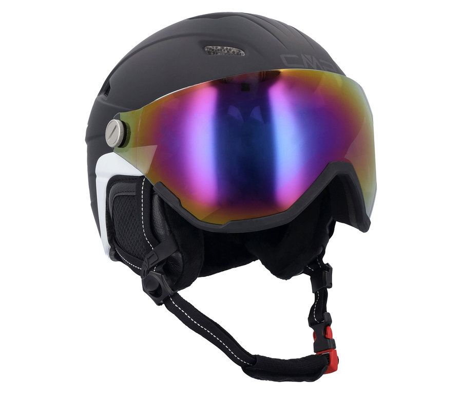 Casque de ski noir avec visière arc-en-ciel.