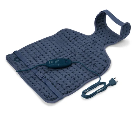 Coussin chauffant bleu avec télécommande et câble d'alimentation.