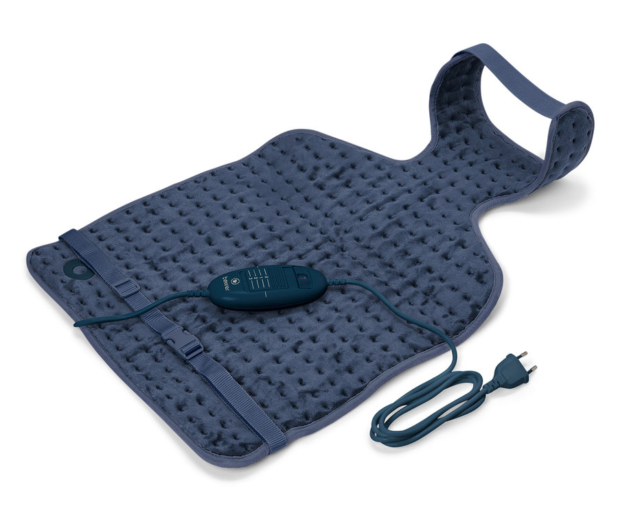 Coussin chauffant bleu avec télécommande et câble d'alimentation.