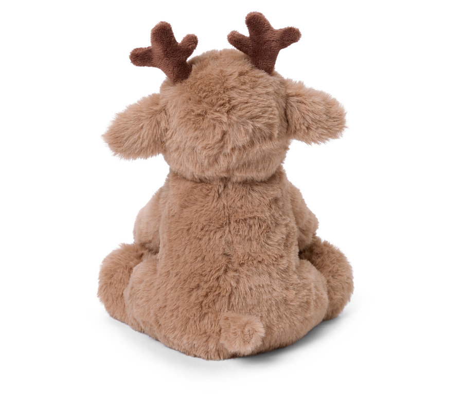 Un renne en peluche marron est assis dos au spectateur.