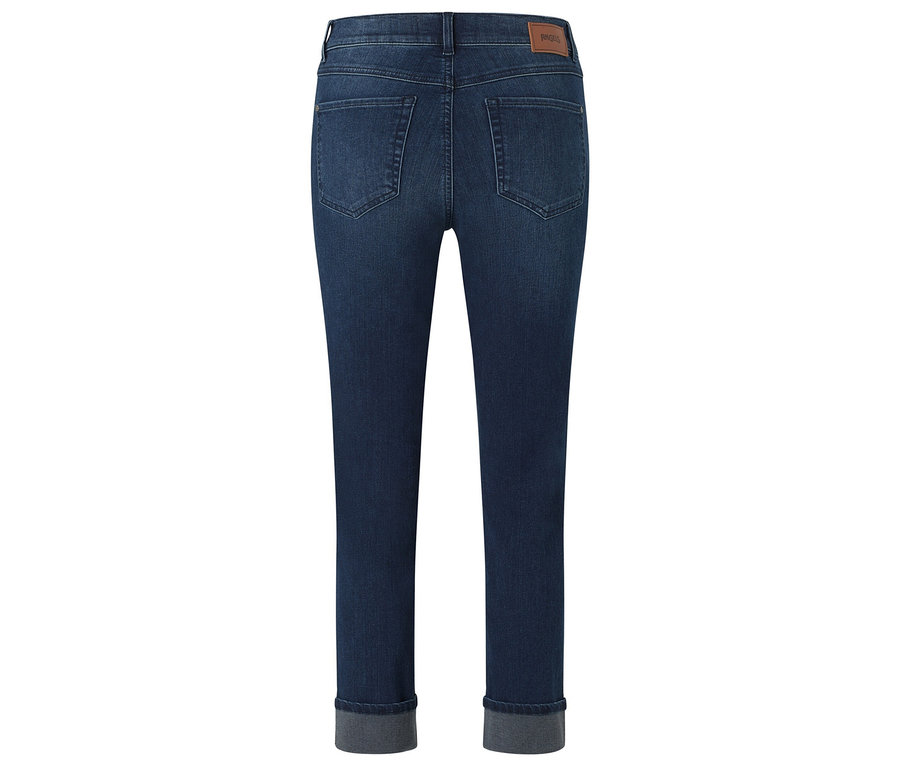 Vue détaillée de l'arrière d'un jean bleu foncé avec des ourlets retroussés.