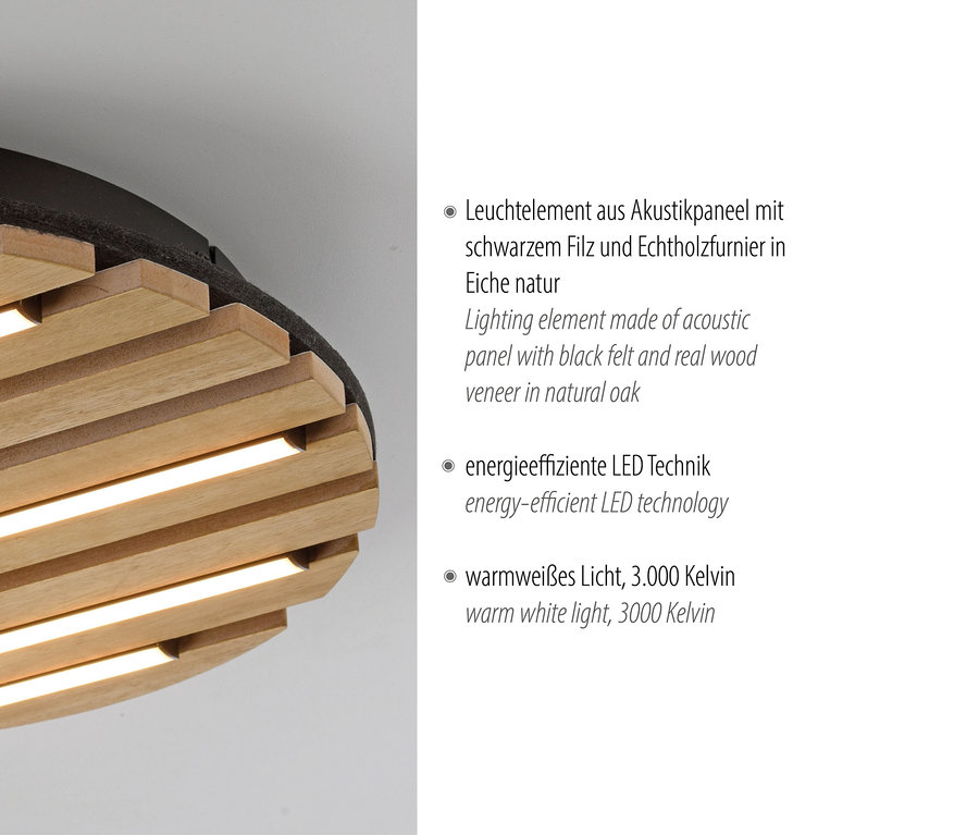 Détail d'un plafonnier en panneau acoustique avec feutre noir et placage en bois véritable en chêne naturel.
