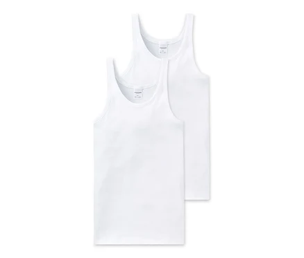 Deux maillots de corps blancs SCHIESSER en maille côtelée fine superposés.