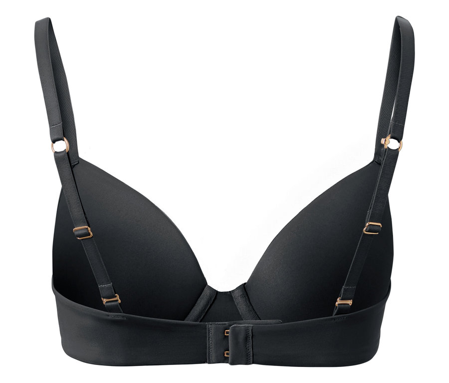 Vue détaillée de l'arrière d'un soutien-gorge noir avec bretelles réglables et fermeture à agrafes.